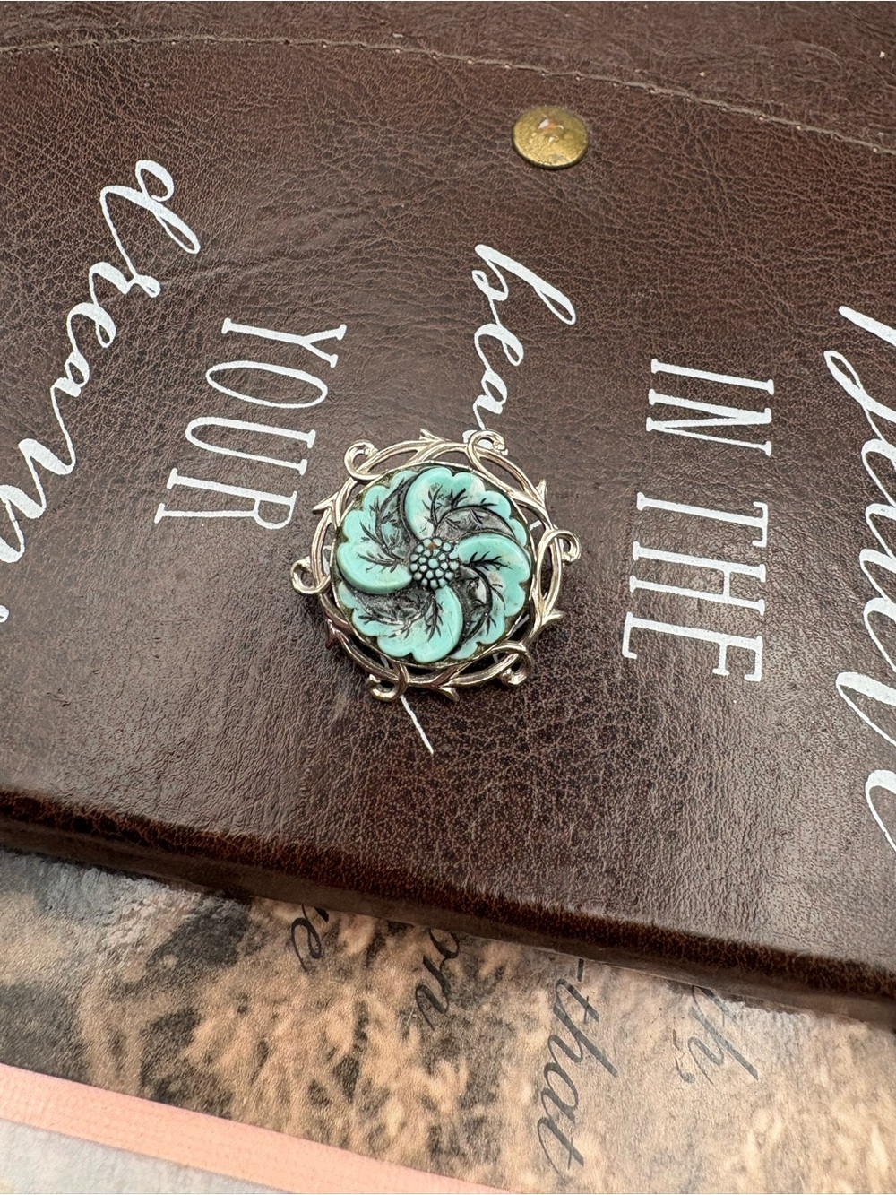 Vintage Turquoise Blue Floral Filigree Brooch Silver Tone Pin - Picture 3 of 4